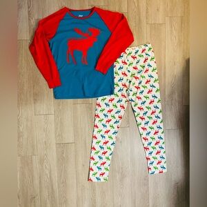 100% Cotton Merry Christmas Moose Long Sleeve Pajama Set Teal/Red Size Large